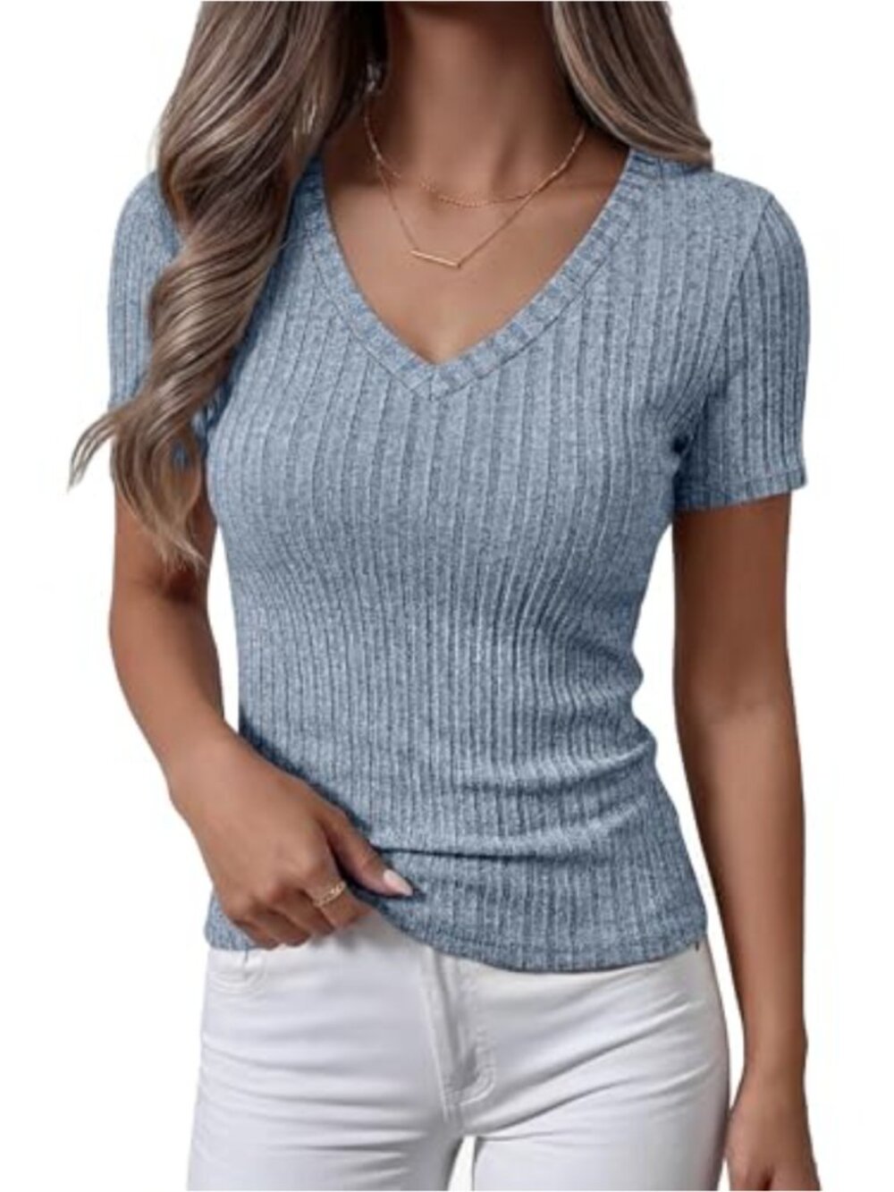 Women's Ribbed Knit V Neck Short Sleeve Slim Fit Top
